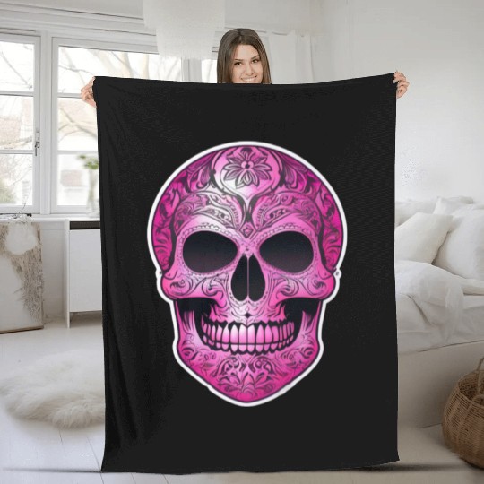 vintage tribal pink Mexican skull Fleece Blankets