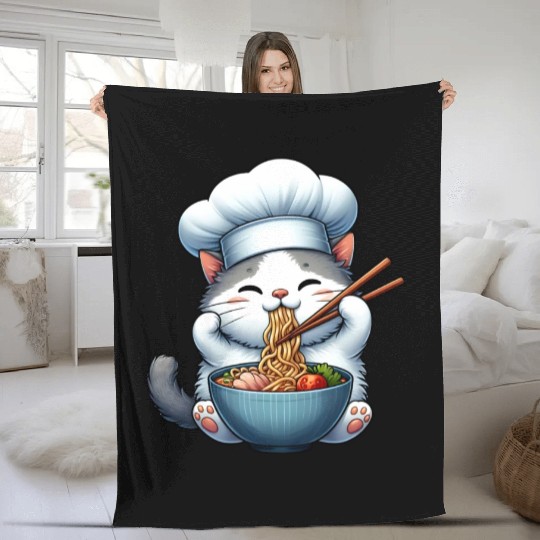 Kawaii Anime Whimsical Cat Japanese Ramen Noodles Fleece Blankets
