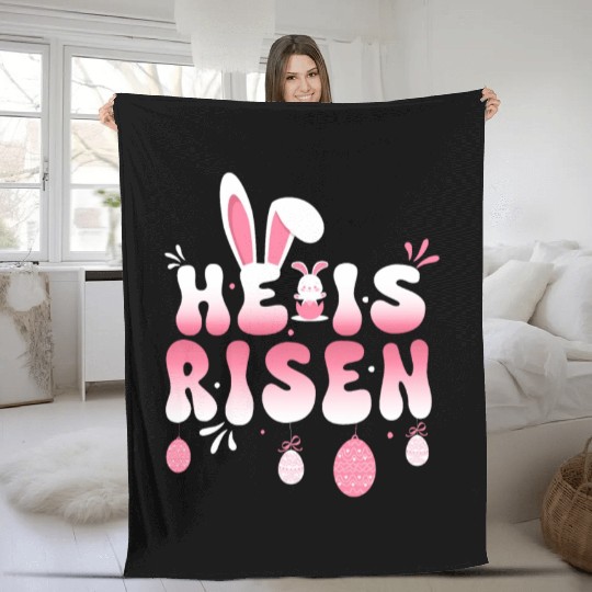 He Is Risen Easter Celebration Theme Bunny Eggs Fleece Blankets