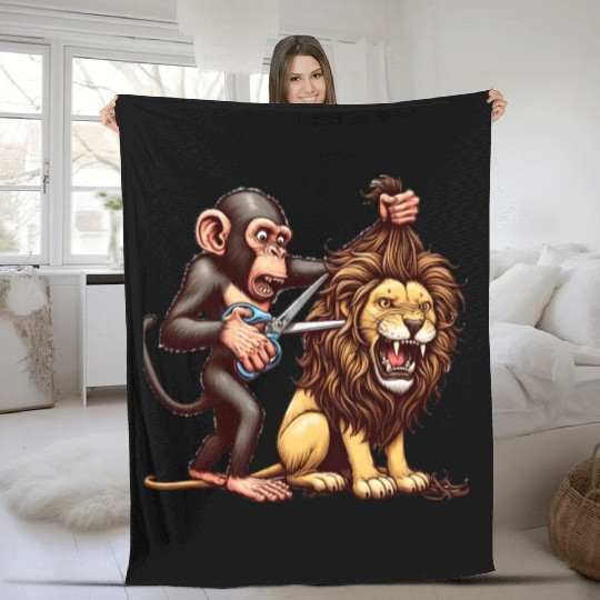 Monkey Barber Gives Lion a Trim Fleece Blankets