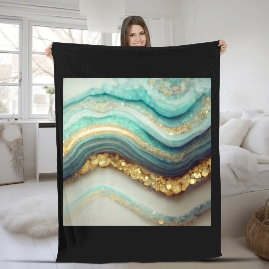 Teal Agate Geode Stone Fleece Blankets