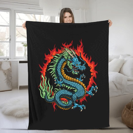 Angry Japanese Dragon Fleece Blankets