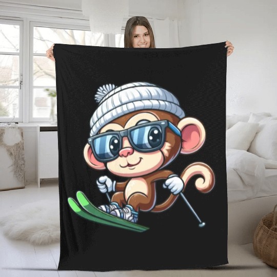 Monkey Chimpanzee Skier Skiing Fleece Blankets