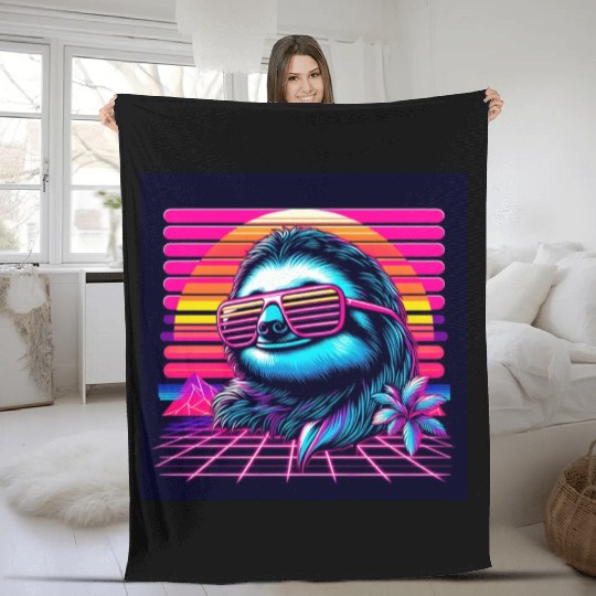 Synthwave Retro 80's Sloth Fleece Blankets