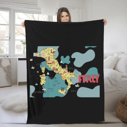 City Illustrations Italy World Map Travel Map Fleece Blankets