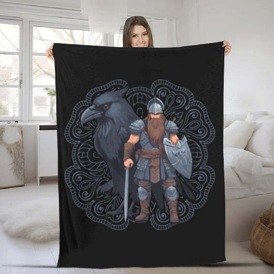 Viking Warrior With Raven Fleece Blankets
