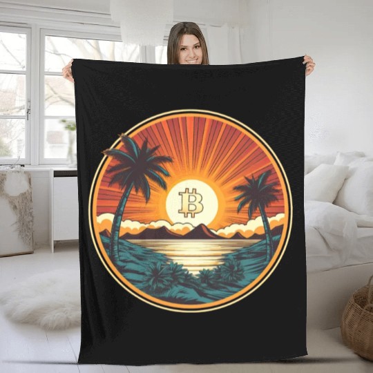 Retro Beach Sunset Funny Crypto Blockchain Fleece Blankets