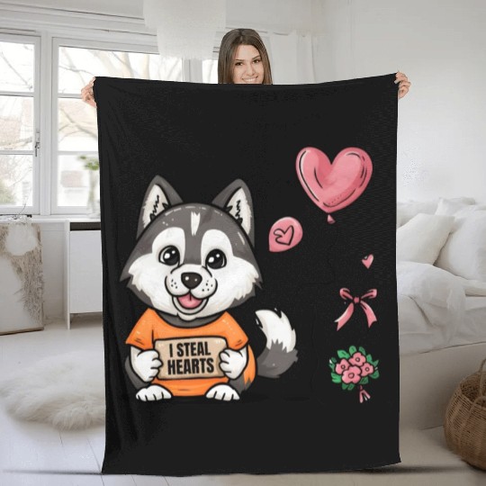I STEAL HEARTS Cute Husky Fleece Blankets