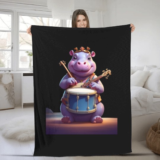 Hippo playing music Fleece Blankets