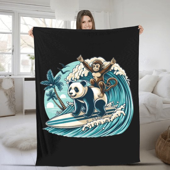 Monkey Riding Panda Surfing Wave Fleece Blankets