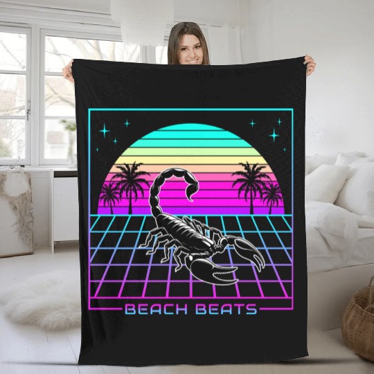 Beach Beats Retro Scorpion - Synthwave Sunset Fleece Blankets