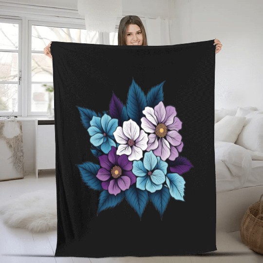 Vintage Blue and Purple Floral Design Fleece Blankets