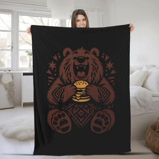 Cute Grizzly with Hamburger, Brown Fleece Blankets
