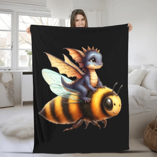 Fun Baby Dragon Riding a Bumble Bee Fleece Blankets