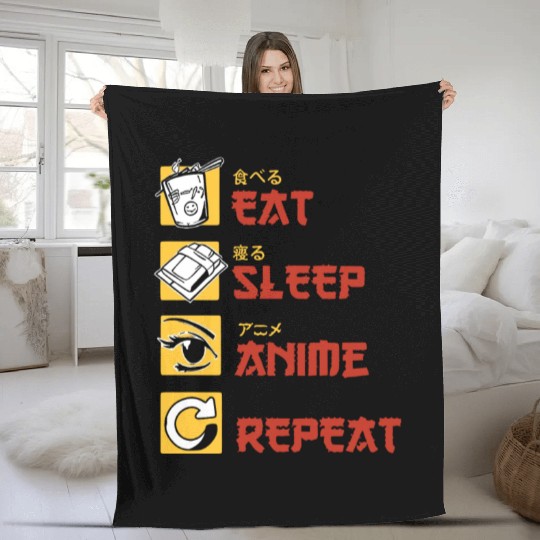 eat sleep anime repeat funny manga Fleece Blankets