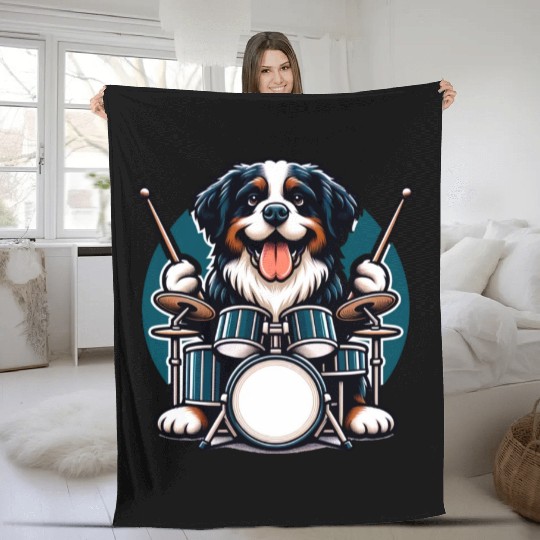 Cool Bernese Mountain Dog Drummer Design Fleece Blankets