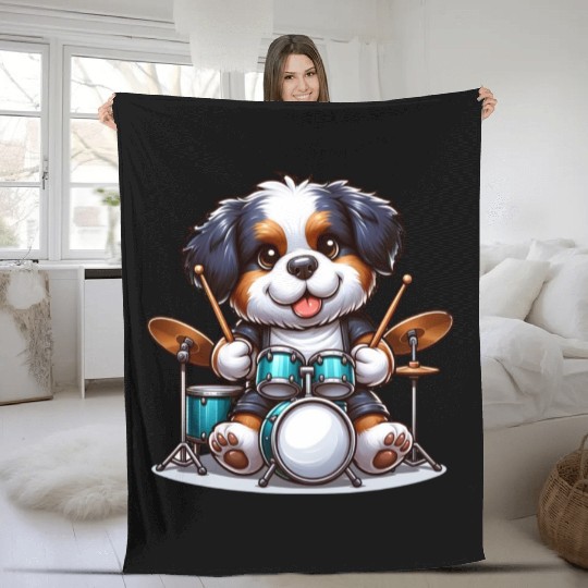 Cool Bernese Mountain Dog Drummer Design Fleece Blankets