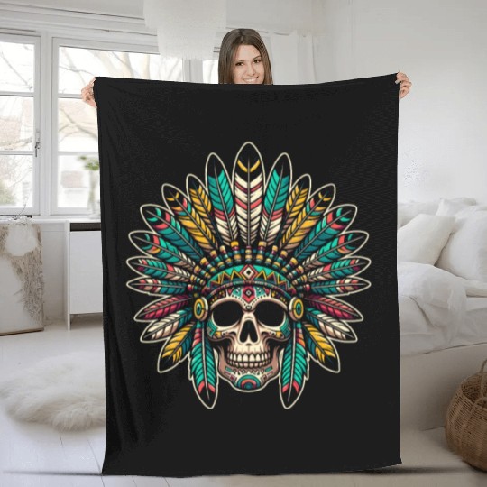 Indigenous Native American Skull Head Fleece Blankets