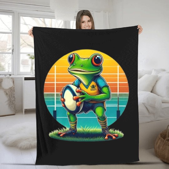 Funky Frog Playing Rugby Fleece Blankets