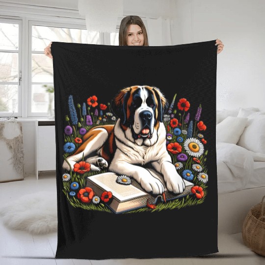 Wildflower St Bernard Reading Book Dog Puppy Lover Fleece Blankets