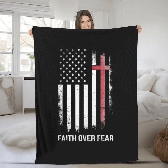 US USA Flag American Faith Over Fear Cross Fleece Blankets