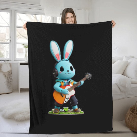 Rabbit playing guitar Fleece Blankets