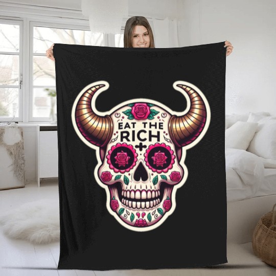 Horned Sugar Skull, eat the rich skull Fleece Blankets