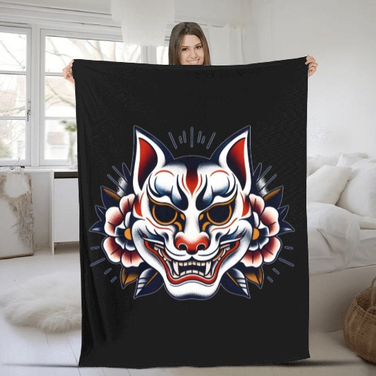 AI Japanese Kabuki Fox Mask Design Fleece Blankets