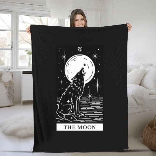 Tarot Card The Moon Wolf Howling Fleece Blankets