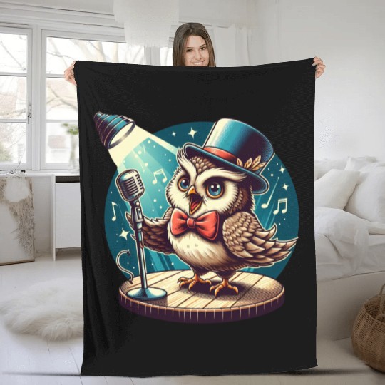 Cute Owl With A Hat Singing Karaoke Fleece Blankets