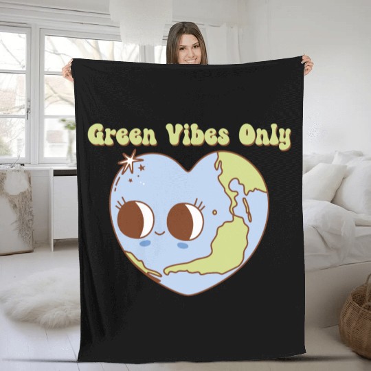 Green Vibes Only Retro Earth Mascot Fleece Blankets