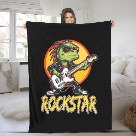 Rockstar Reptile Musician with Electric Guitar Fleece Blankets
