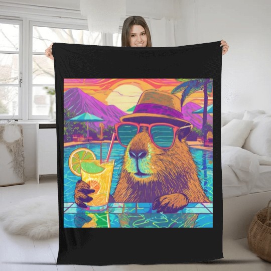 Capybara on vacation sipping on Lemonade Fleece Blankets