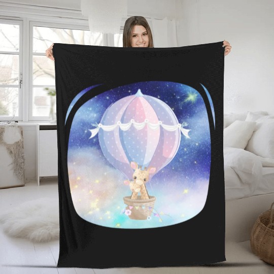 Giraffe And Child Flying Sky Using Hot Balloon Fleece Blankets
