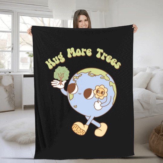 Hug More Trees Retro Earth Mascot Fleece Blankets
