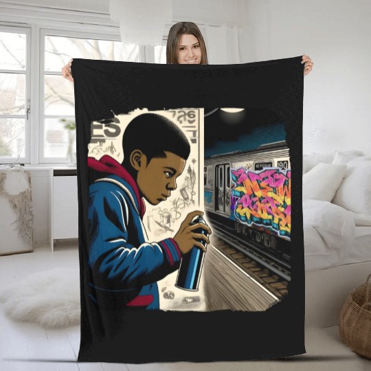 AI Teen in Underground Subway Layup -Masked Border Fleece Blankets