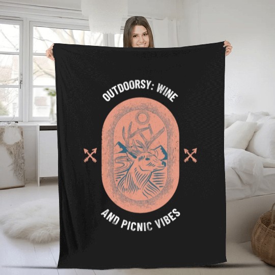 Outdoorsy Wine And Picnic Vibes Camping Women Fleece Blankets