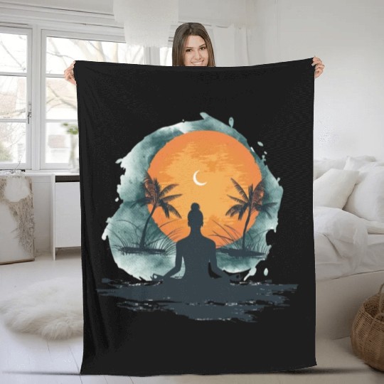 Tropical Sunset Meditation Silhouette Fleece Blankets