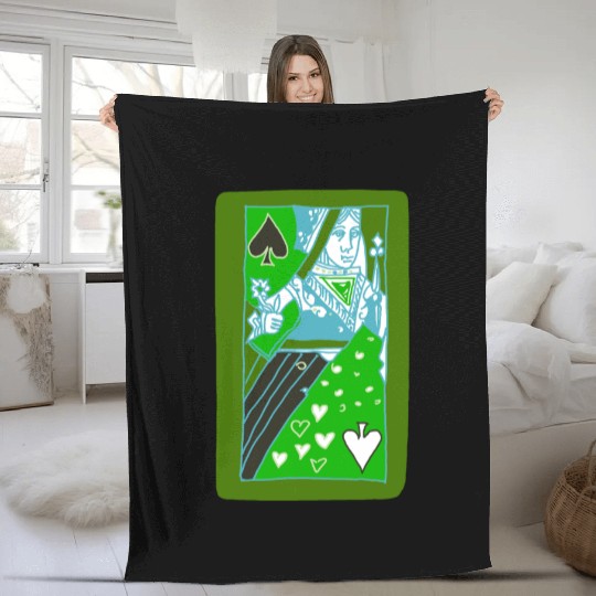 Green Queen of Spades Playing Card Fleece Blankets