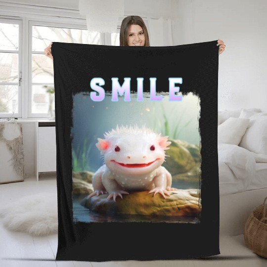 Whimsical Axolotl with Smile and Pastel Text Fleece Blankets