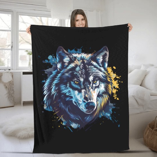 Alpha Wolf Paint Splash Fleece Blankets
