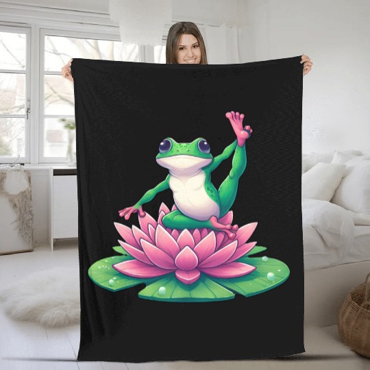 Frog Yoga Meditation on Water Lily Fleece Blankets