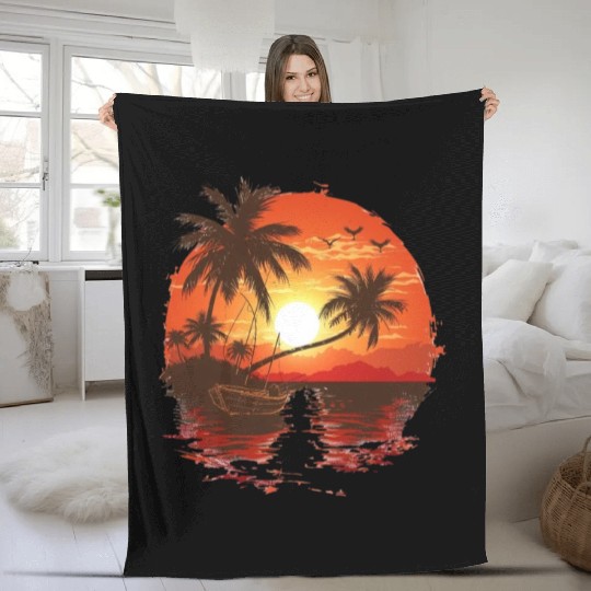 Tropical Sunset Retreat With Palm Trees Fleece Blankets
