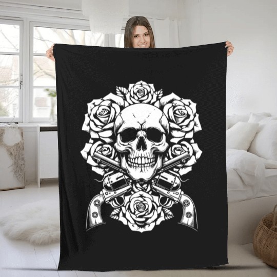 Skeleton Roses Guitar Roses Skull Guns Fleece Blankets