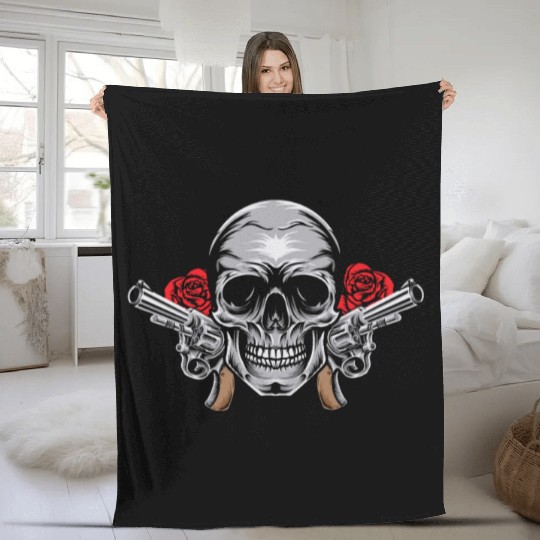 Skeleton Roses Guitar Skull Roses Guns Fleece Blankets