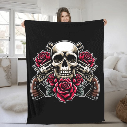 Skeleton Roses Guitar Guns Skull Roses Fleece Blankets