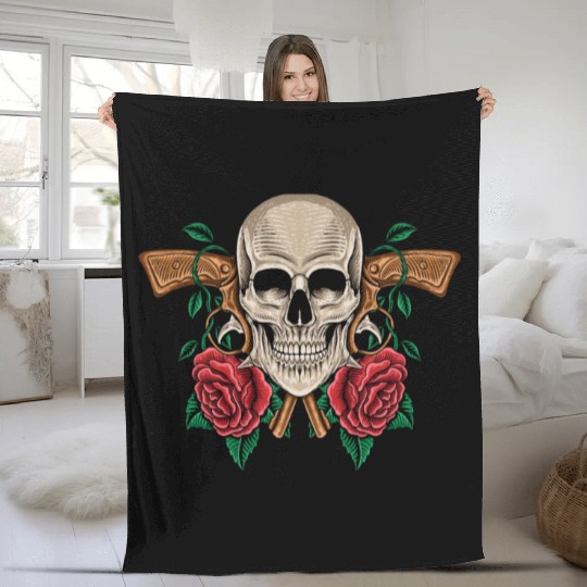 Skeleton Roses Guitar Guns Skull Roses Fleece Blankets