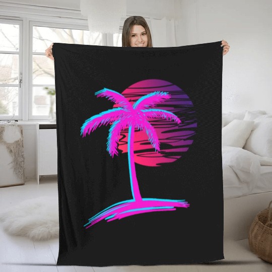 sunset Vaporwave Palm Tree Aesthetic Tropical Fleece Blankets