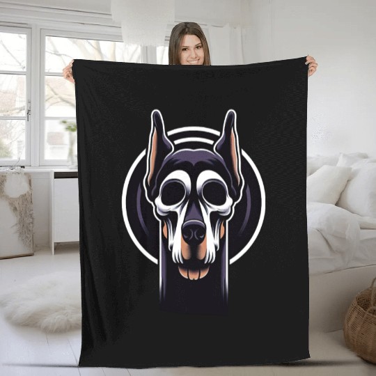 Neon Doberman Skull Edge Fleece Blankets