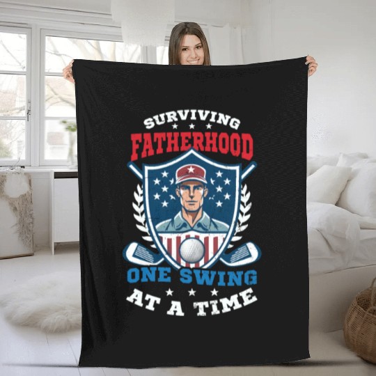 4th Of July Golf Surviving Fatherhood Swing Fleece Blankets